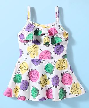 Babyhug Water Repellent Shell Printed Sleeveless Frock Swimsuit - White