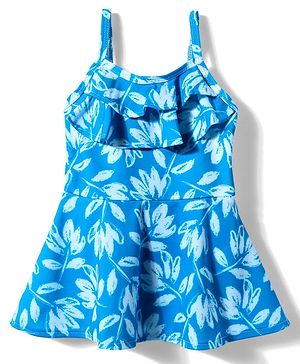 Babyhug Water Repellant Sleeveless Frock Swimsuit With Floral Print - Light Blue