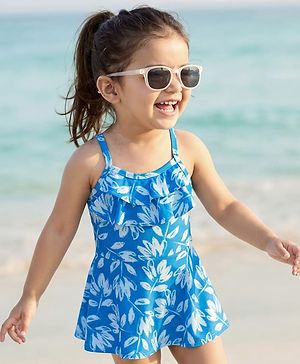 Babyhug Water Repellant Sleeveless Frock Swimsuit With Floral Print - Light Blue