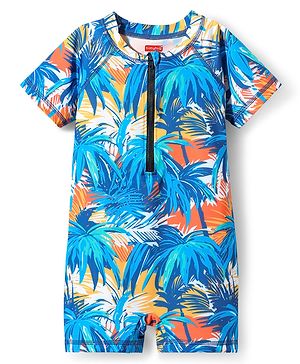 Babyhug Water Repellent Half Sleeves Legged Swimsuit With Tropical Print - Blue
