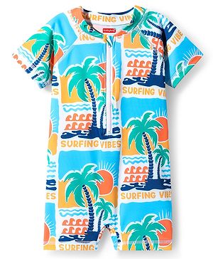 Babyhug Water Repellent Half Sleeves Legged Swimsuit With Tropical Print - Blue
