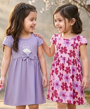Babyhug Single Jersey Knit Cap Sleeves Floral Printed Frocks With Bow Applique Pack of 2 - Pink & Lavender