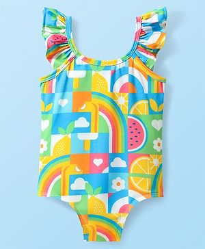 Babyhug Water Repellant Frill Sleeves V Cut Swimsuit With Tropical Theme - Yellow