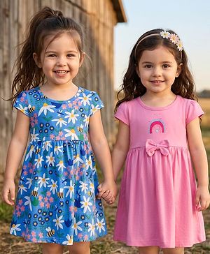 Babyhug Single Jersey Half Sleeves Frocks with Floral & Rainbow Pack of 2 - Pink & Blue