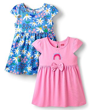 Babyhug Single Jersey Half Sleeves Frocks with Floral & Rainbow Pack of 2 - Pink & Blue