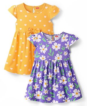 Babyhug Single Jersey Knit Cap Sleeves Floral & Heart Printed Frocks With Bow Applique Pack of 2 -Orange & Navy Blue
