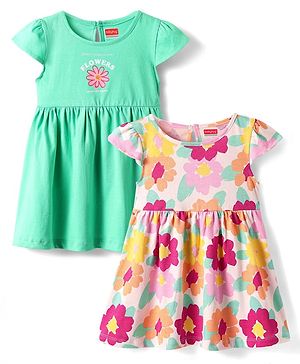 Babyhug Single Jersey Knit Half Sleeves Frock With Floral Print Pack Of 2 - Pink & Light Green