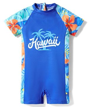 Babyhug Water Repellant Half Raglan Sleeves Legged Swimsuit with Beach Theme & Hawaii Typography Print - Navy Blue