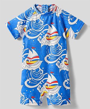 Babyhug Water Repellant Half Sleeves Legged Swimsuit With Boat Print - Blue
