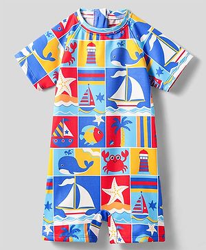 Babyhug Water Repellant Half Sleeves Legged Swimsuit With Boat Print - Blue