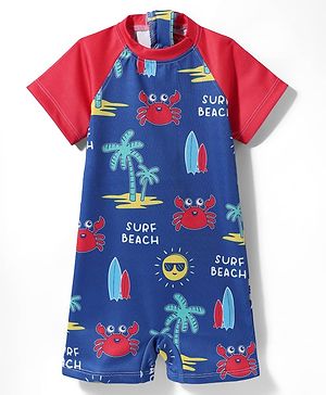 Babyhug Water Resistant Half Raglan Sleeves Legged Swim Suit With Beach Theme Print - Navy Blue & Red