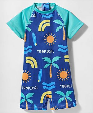 Babyhug Water Repellant Half Raglan Sleeves Legged Swimsuit With Beach Theme Print - Blue