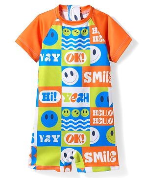 Babyhug Half Raglan Sleeves Water Repellent Emojis Print Legged Swimsuit - Orange