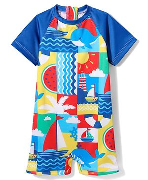 Babyhug Half Raglan Sleeves Water Repellent Sea Life Theme Legged Swimsuit - Navy Blue