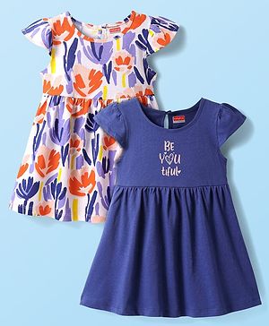 Babyhug Single Jersey Knit Short Sleeves Frocks With Floral Print Pack Of 2 - Blue