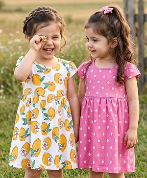 Babyhug Single Jersey Knit Short Sleeves Frocks With Polka Dots & Floral Print Pack Of 2 - Pink & White