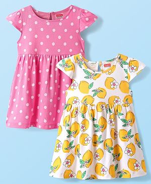 Babyhug Single Jersey Knit Short Sleeves Frocks With Polka Dots & Floral Print Pack Of 2 - Pink & White