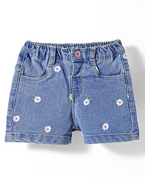 Babyhug Denim Mid Thigh Shorts With Floral Embroidery & Stretch- Blue