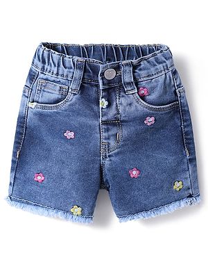 Babyhug Mid Thigh Washed Denim Shorts With Stretch & Floral Embroidery - Blue
