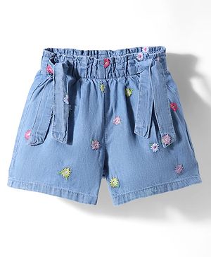 Babyhug Denim Mid Thigh Shorts With Floral Embroidery - Blue