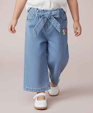 Babyhug Ankle Length Washed Denim Culottes & Belt With Floral Embroidery - Blue