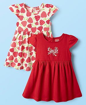 Babyhug Single Jersey Knit Cap Sleeves Fruit Printed Frocks Pack of 2 - Red & White