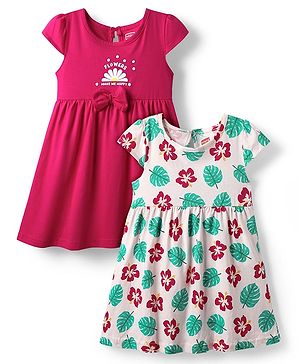 Babyhug 100% Cotton Cap Sleeves Frocks With Floral & Text Print Pack Of 2 - Red & Peach