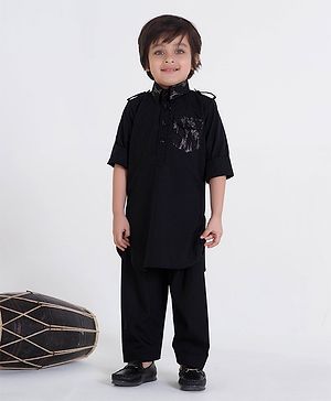 Ministitch Cotton Silk Full Sleeves Abstract Printed Pathani Style Kurta Pyjama Set - Black