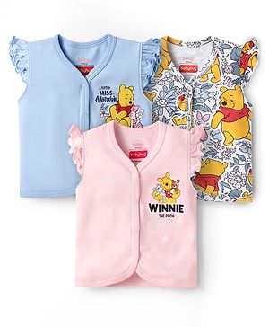 Babyhug Disney Interlock Knit Sleeveless Jhablas With Winnie The Pooh Print Pack Of 3 - Pink Blue & White