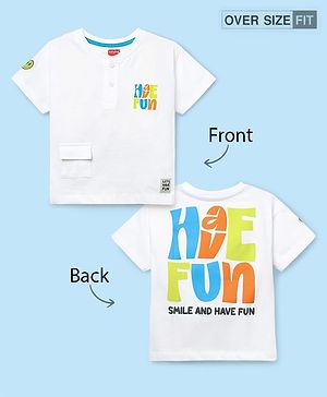 Babyhug Cotton Knit Half Sleeves Oversized T-Shirt with Front & Back Text Print - White