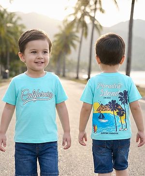 Babyhug Cotton Knit Half Sleeves T-Shirt with Front & Back Beach Theme Print - Aqua Blue