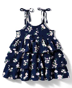 Babyhug Woven Sleeveless Frock with Floral Print - Navy Blue