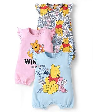 Babyhug Disney Interlock Knit Frill Sleeves Onesies With Winnie The Pooh Graphics Pack Of 3 - Blue Pink & White