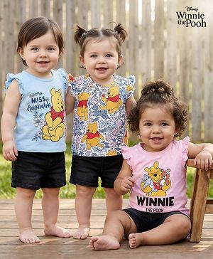 Babyhug Disney Single Jersey Knit Sleeveless T-Shirts With Winnie The Pooh Graphics Pack Of 3 - Pink & Light Blue