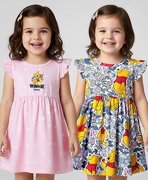 Babyhug Disney Single Jersey Knit Frill Sleeves Frocks With Winnie The Pooh Graphics Pack Of 2 - Pink & White