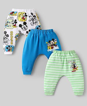 Babyhug Disney Interlock Knit Full Length Diaper Leggings with Mickey Mouse & Family Graphics Pack of 3 - White Blue & Light Green