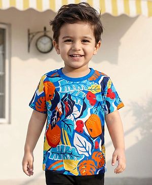 Babyhug Cotton Knit Half Sleeves T-Shirt with Tropical Theme Print - Navy Blue