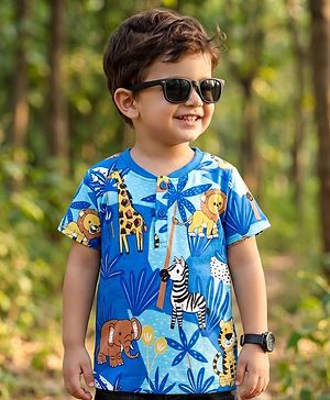 Babyhug Cotton Knit Half Sleeves Henley T-Shirt with Jungle Theme Print - Blue