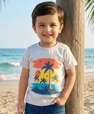 Babyhug Cotton Knit Half Sleeves T-Shirt With Beach Theme Print - Grey