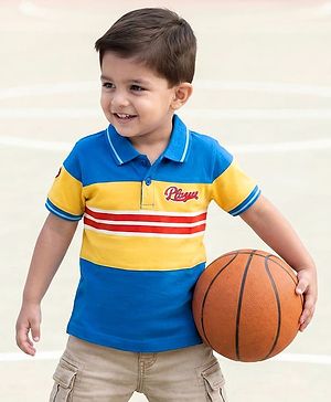 Babyhug Cotton Knit Half Sleeves Cut & Sew Polo T-Shirt with Text Print - Blue