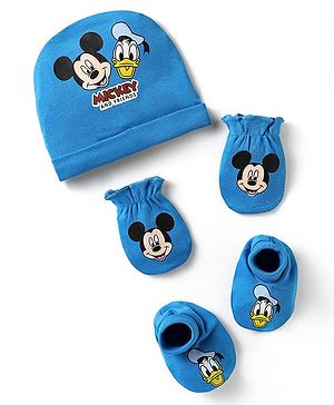 Babyhug Disney 100% Cotton Cap Mittens & Booties Set With Mickey Mouse & Family Graphics Blue - Circumference 28 cm