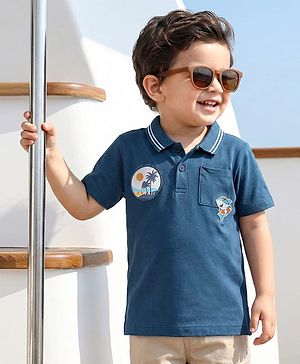 Babyhug Cotton Knit Half Sleeves Polo T-Shirt with Beach Theme Patch Detailing - Navy Blue
