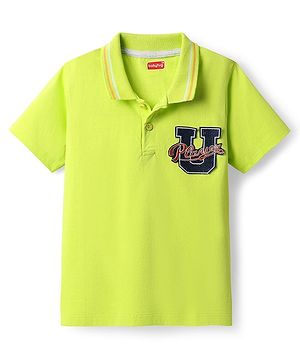 Babyhug Cotton Knit Half Sleeves Polo T-Shirt With Player Text Patch Detailing -Limegreen