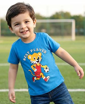 Babyhug Cotton Knit Half Sleeves T-Shirt with Tiger Print - Blue