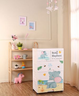 Babyhug 4 Layer High Density Plastic Storage Cabinet with Baby Elephant Print - White