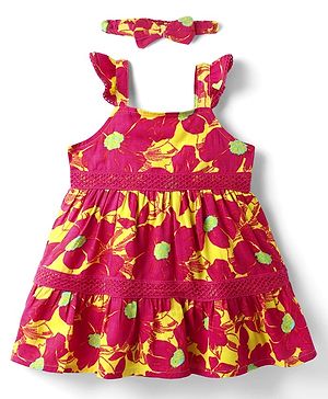 Babyhug Rayon Woven Frocks & Headband With Abstract Print - Red