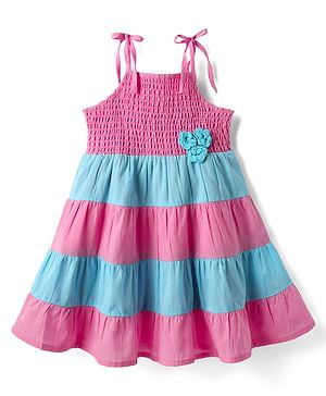 Babyhug Cotton Woven Sleeveless Frock With Smock Detailing & Floral Applique - Dark Pink & Blue