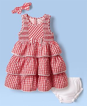 Babyhug Seer Sucker Woven Sleeveless Checkered Frock Bloomer & Headband With Bow Applique - Red
