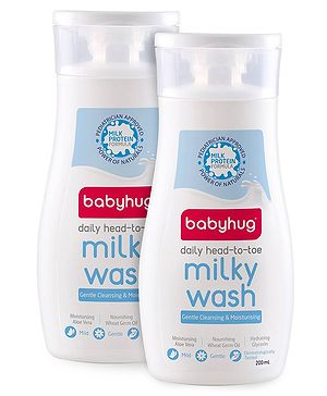 Babyhug Milk Protein Formula Daily Head To Toe Milky Wash No Tear Formula 2 In 1 Shampoo & Body Wash Pack of 2 - 200 ml Each