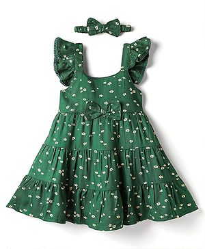 Babyhug Cotton Woven Frill Sleeves Floral Printed Frock With Bow Applique & Headband - Dark Green